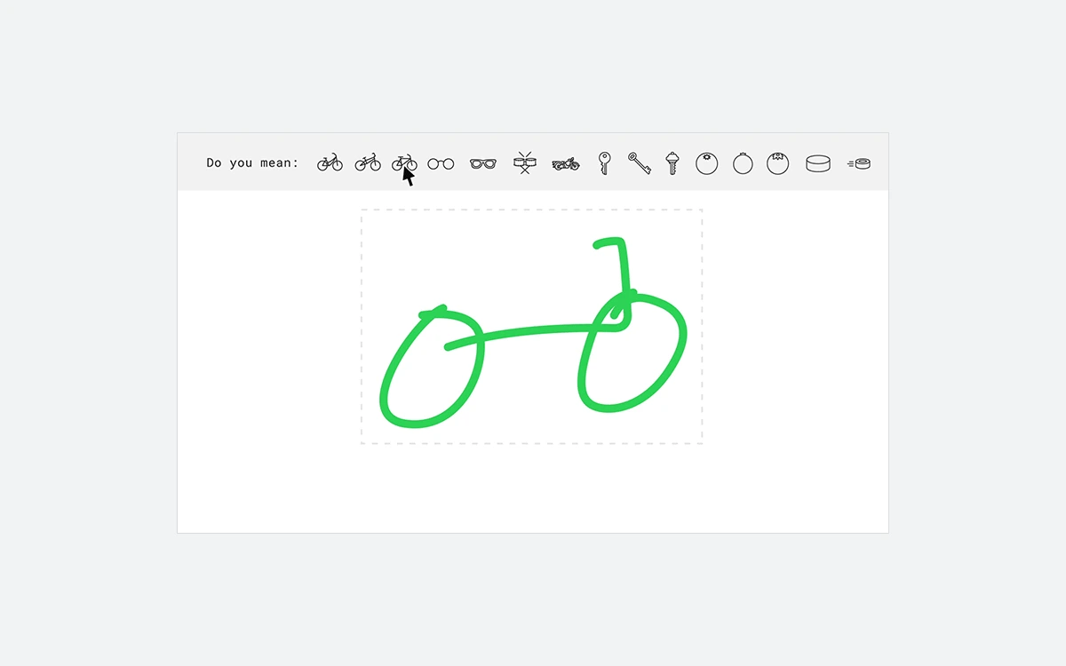 A rough green bicycle doodle on the AutoDraw canvas, with bicycle icons offered in the Do you mean: bar above it