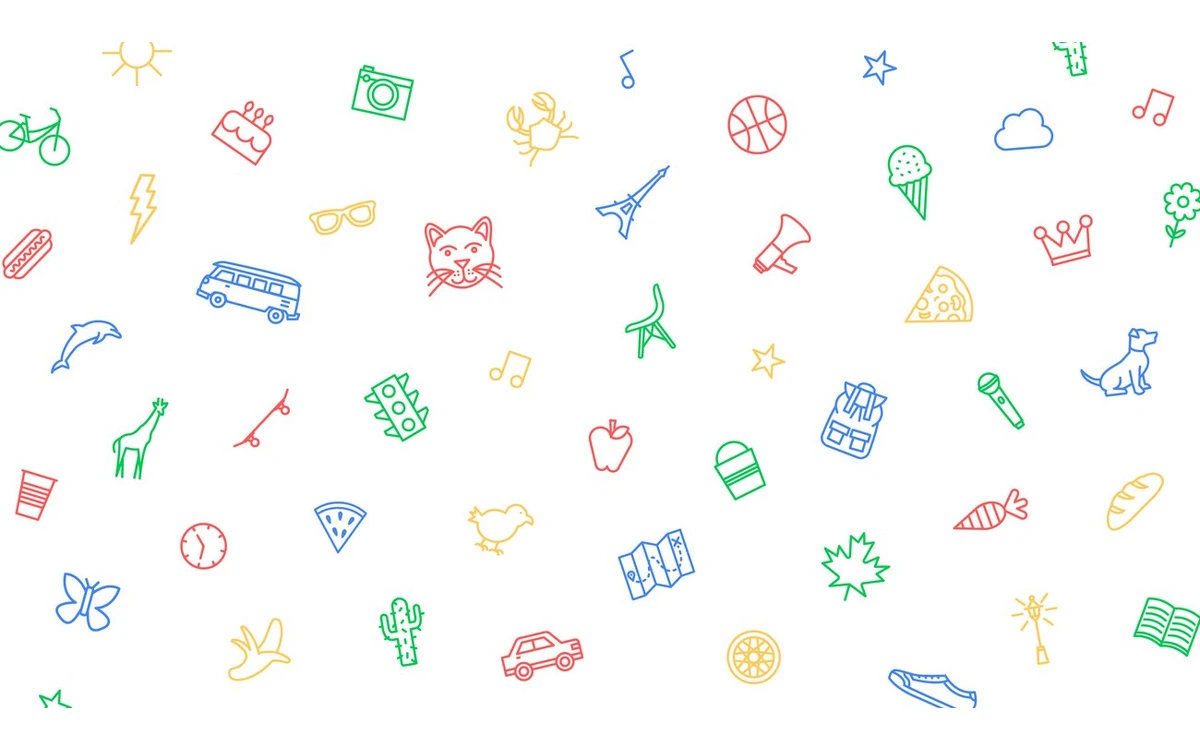 A spread of AutoDraw line-art icons in Google colours, including a bike, a cat, the Eiffel Tower, a camper van, a giraffe, a pizza and a dog