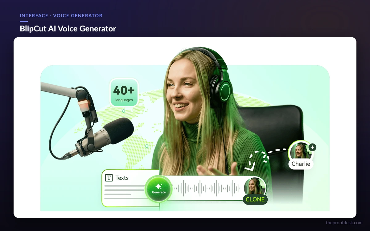 BlipCut AI Voice Generator interface showing voice and language options