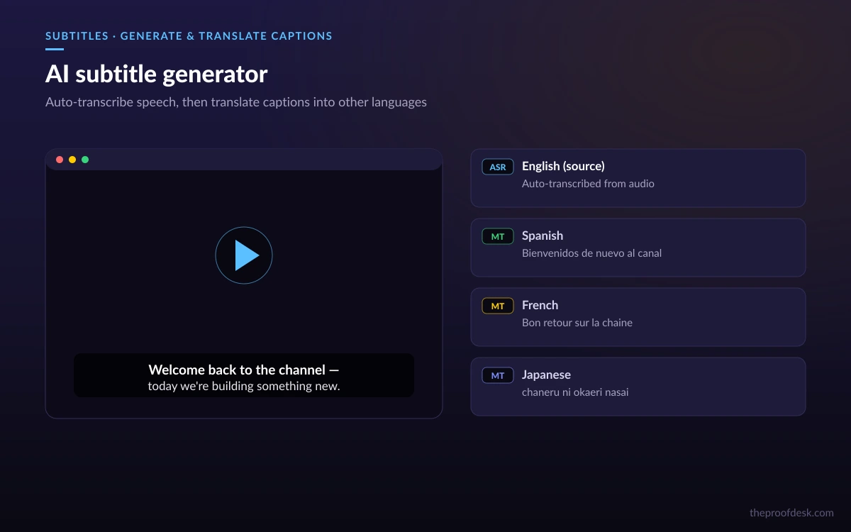 BlipCut AI subtitle generator producing and translating captions