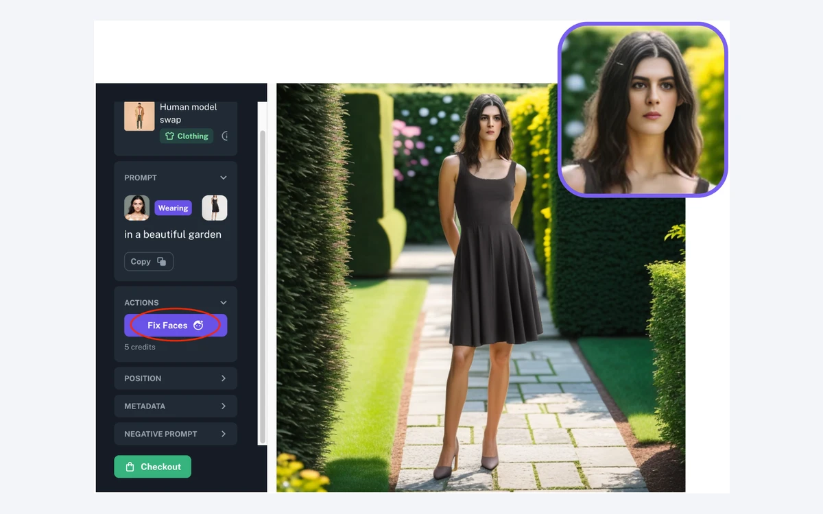 Booth.ai Human model swap workflow for clothing a prompt built from a model thumbnail, a Wearing chip, a dress thumbnail and the words in a beautiful garden, a circled Fix Faces button costing 5 credits, and a generated photo of a woman in a black dress on a garden path with a face close-up inset