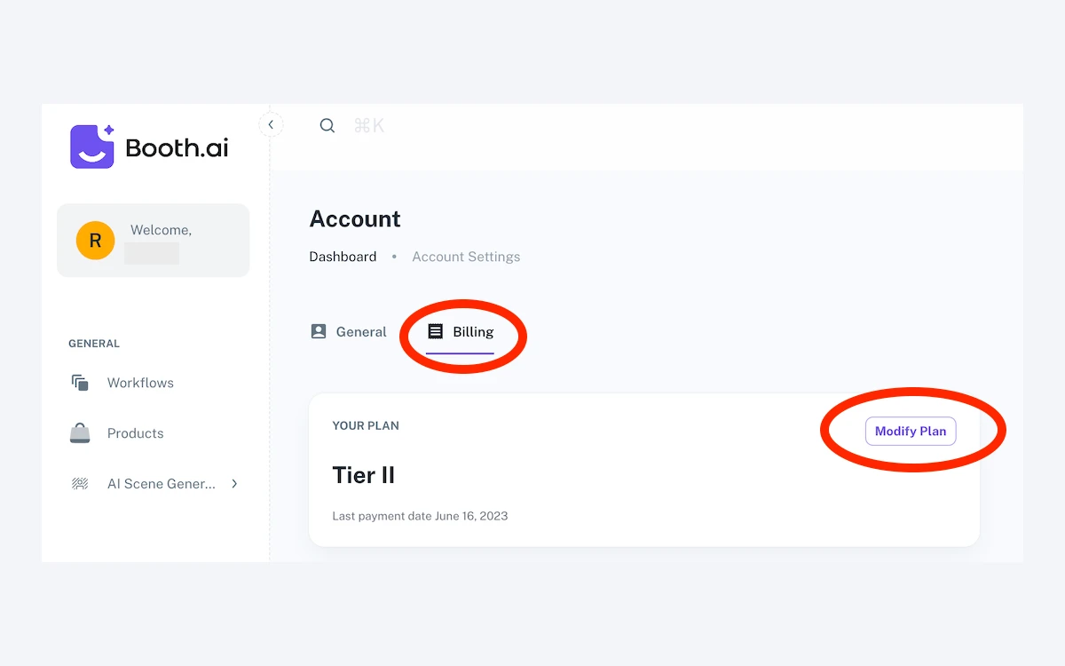 Booth.ai Account Billing page showing "YOUR PLAN Tier II", a last payment date of June 16, 2023, and a Modify Plan button circled in red