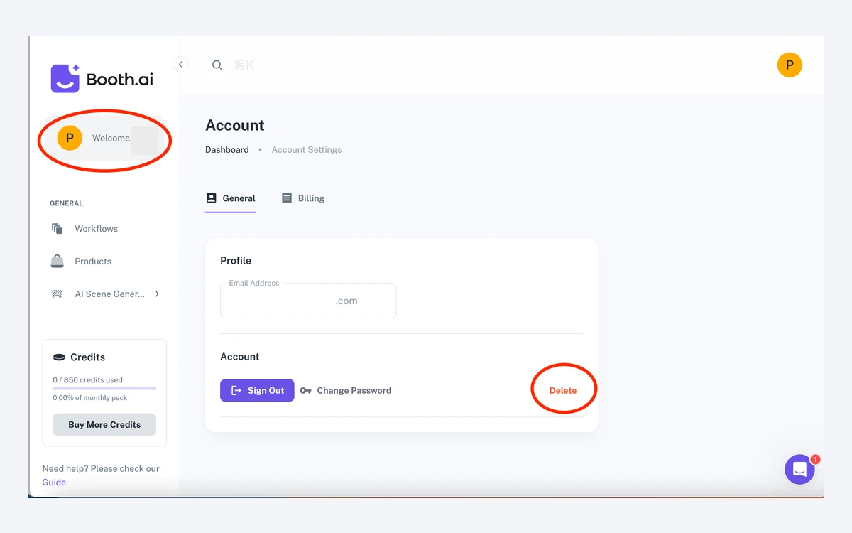Booth.ai Account General page with a sidebar showing Workflows, Products and AI Scene Generator, a credits box reading 0 / 850 credits used, a Buy More Credits button, and the red Delete account link circled