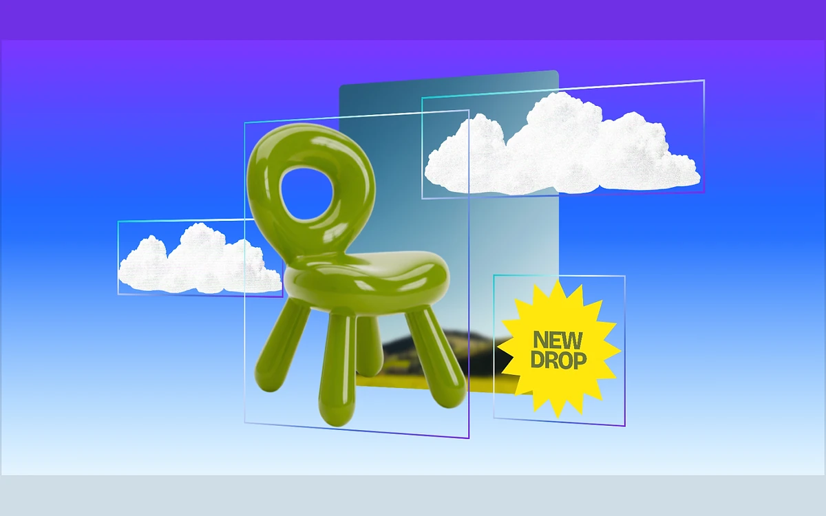 Canva Magic Layers illustration with a design split into floating editable layers: a green chair, clouds and a NEW DROP badge