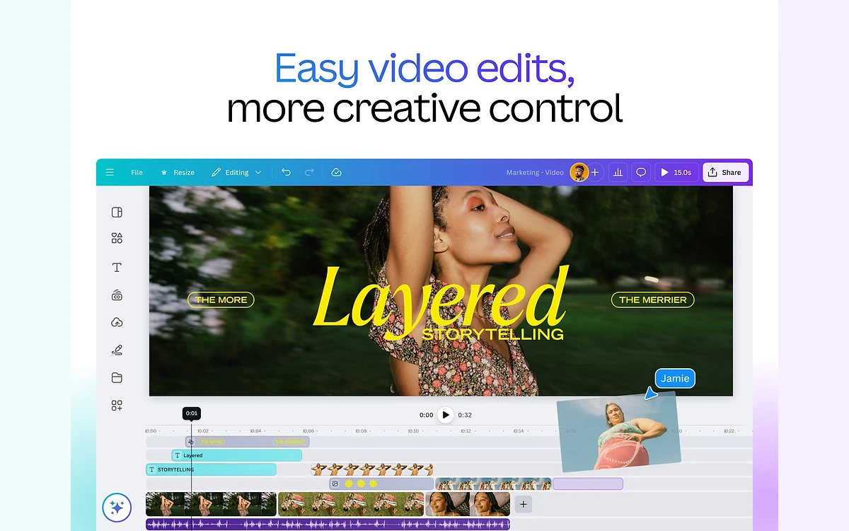 Canva video editor on iPad showing a timeline and a Layered Storytelling project with the Canva AI button