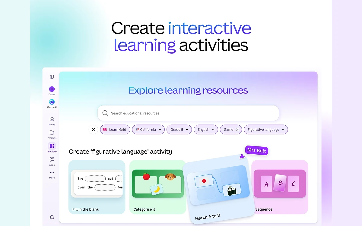 Canva app screen titled Create interactive learning activities with filters for grade, subject and activity types such as Fill in the blank and Match A to B