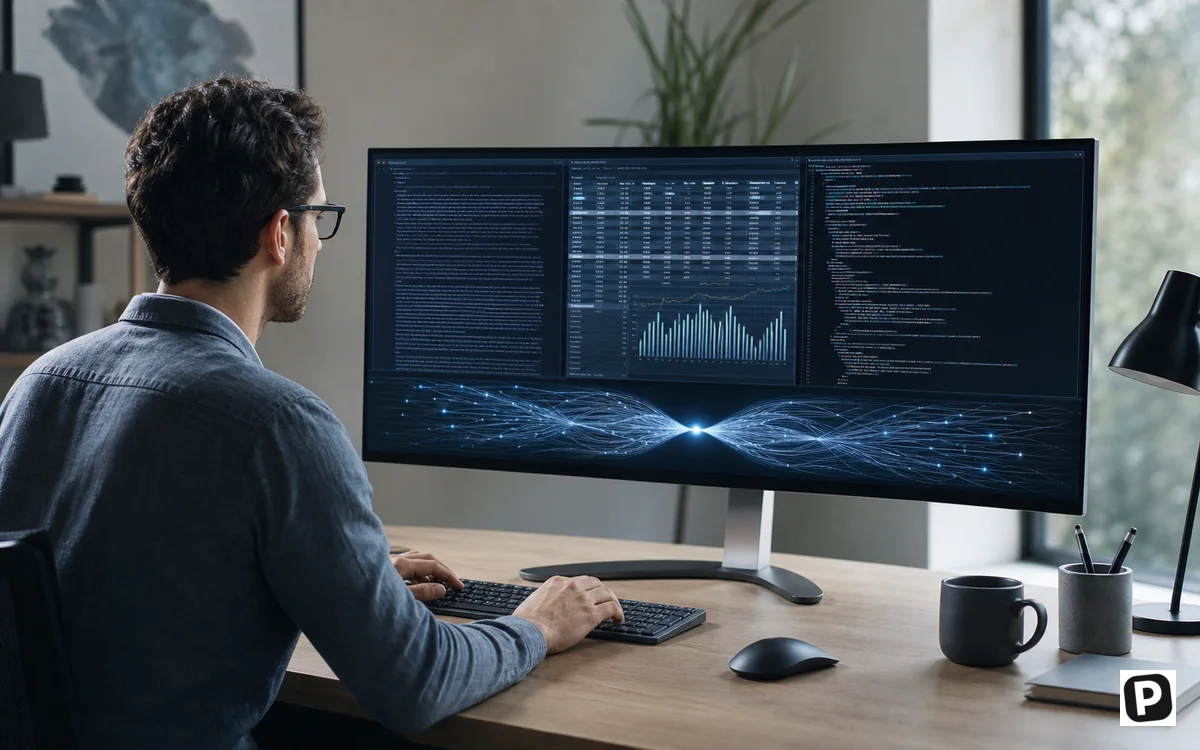 Professional reviewing documents, a spreadsheet and code with AI assistance