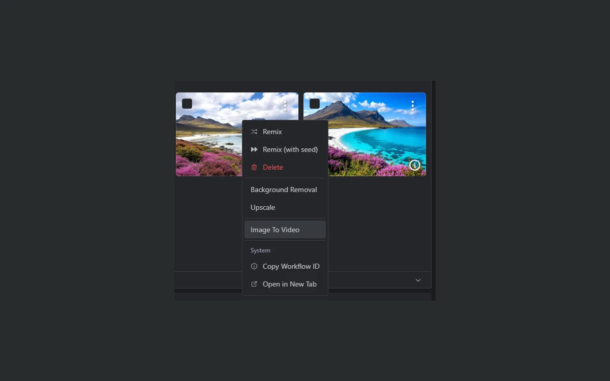 Civitai generator image menu showing Remix, Upscale, Background Removal and Image To Video options