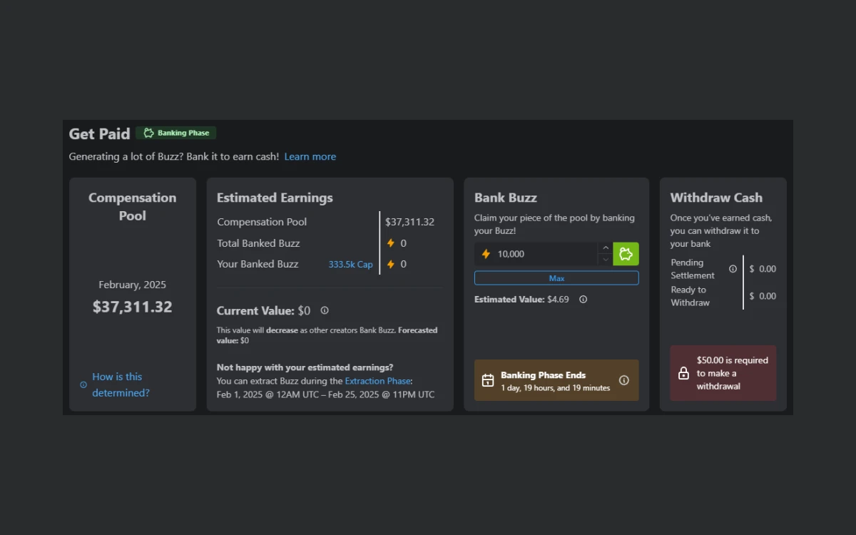 Civitai Creator Program Get Paid screen with Compensation Pool, Estimated Earnings, Bank Buzz and Withdraw Cash panels