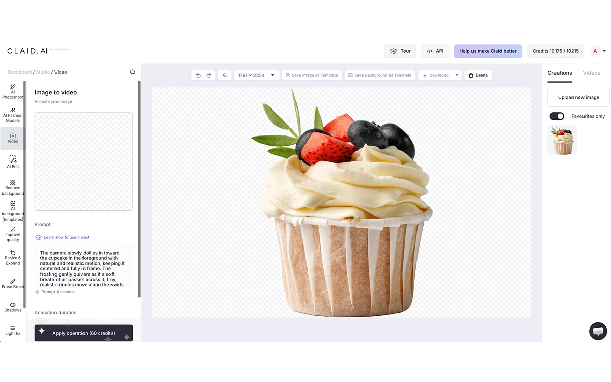 Claid Studio web app with the Image to Video panel open on a cupcake image, a left tool rail and a credit counter in the top bar