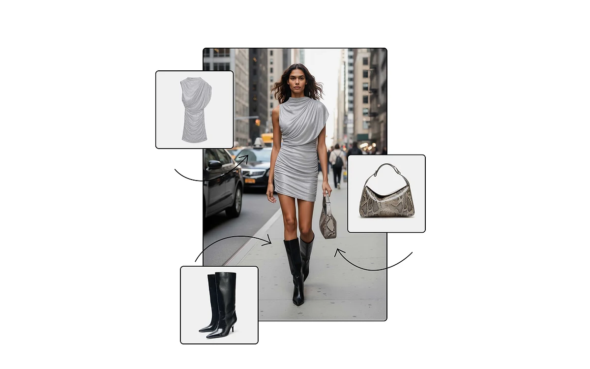 Three product packshots of a silver dress, a snakeskin bag and black boots, with arrows leading to an AI-generated street photo of a model wearing them