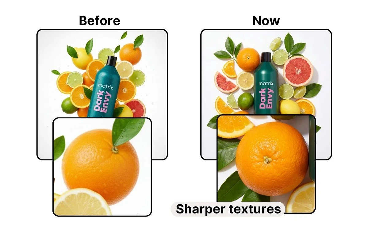 Before and Now comparison from Claid's 4K update of a Matrix Dark Envy bottle among citrus fruit, with zoomed insets of an orange and the label Sharper textures