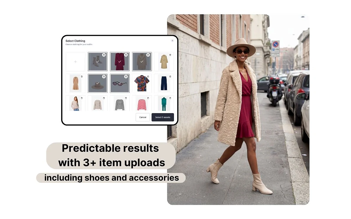 Claid Select Clothing picker with boots, a dress, a coat, a hat and sunglasses selected, next to a generated street photo of a model wearing the outfit
