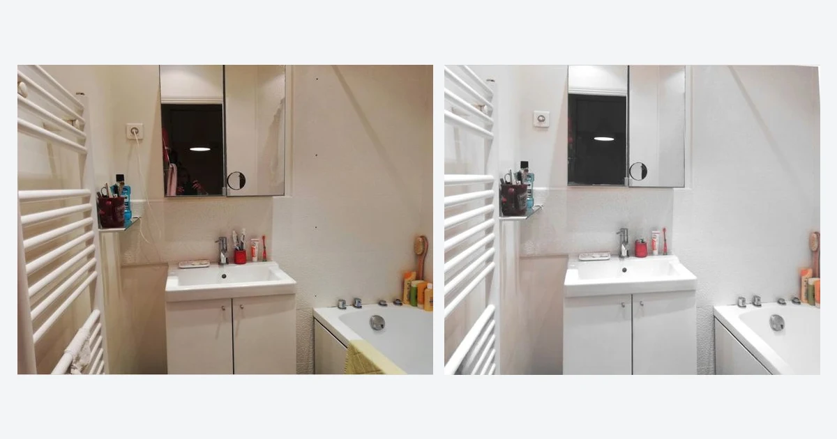 A bathroom photo before and after cleanup.pictures removed a towel, a power cable and wall marks