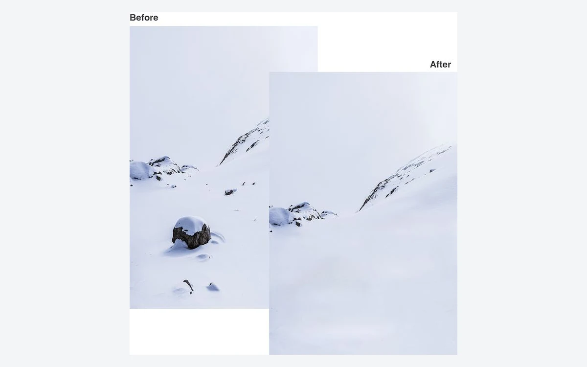 Snowy mountain photo before and after cleanup.pictures removed a large rock from the foreground