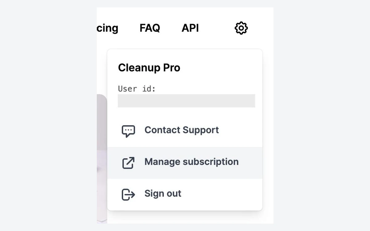 Cleanup.pictures account menu with the manage subscription option