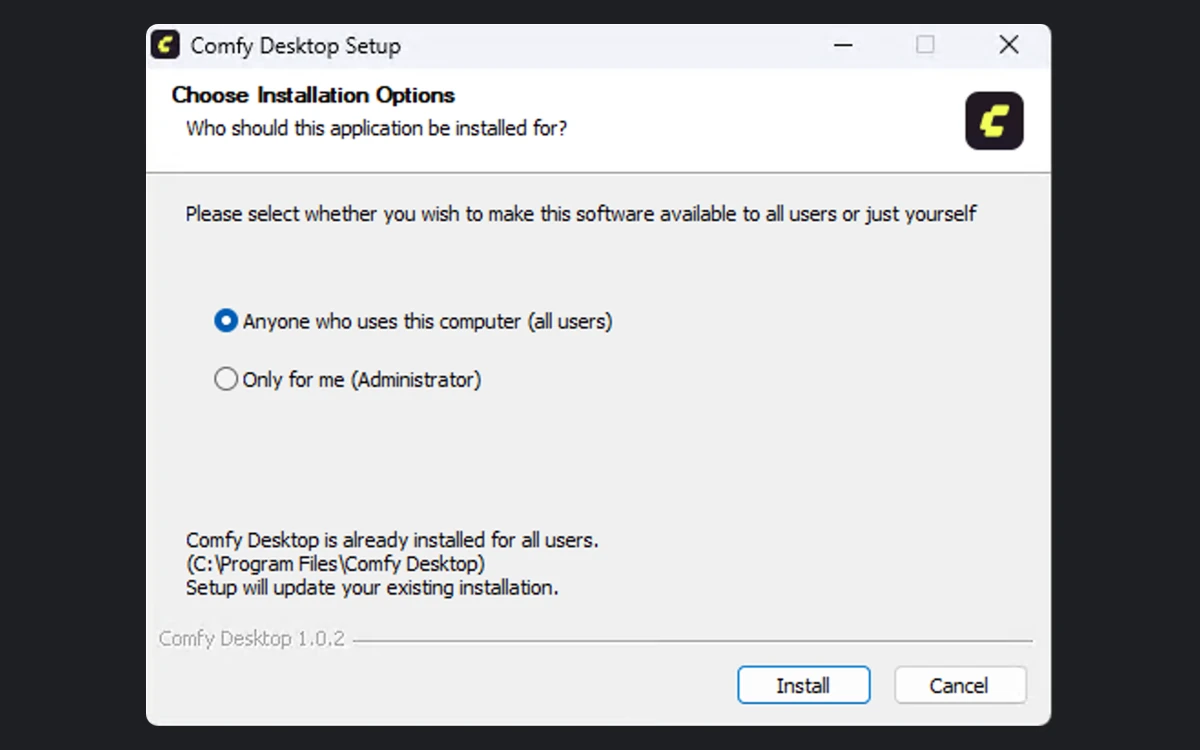 Comfy Desktop setup screen on Windows during installation