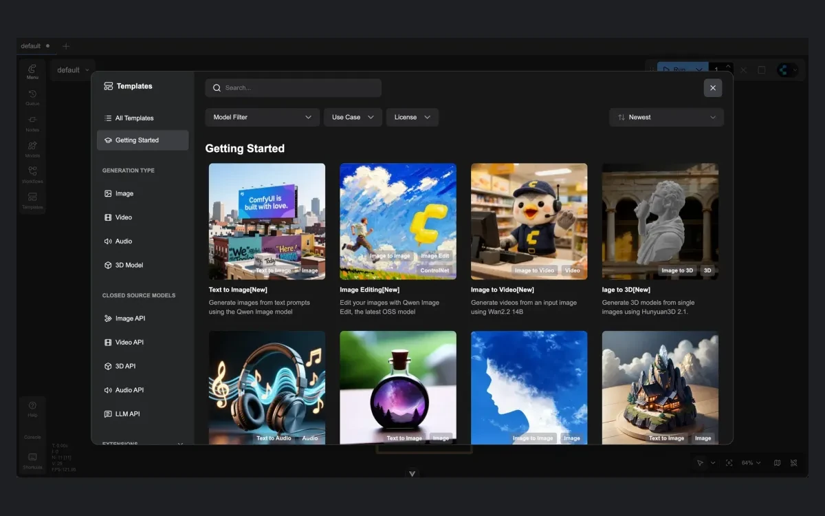 Comfy Cloud template library showing ready-made workflow cards for image and video generation