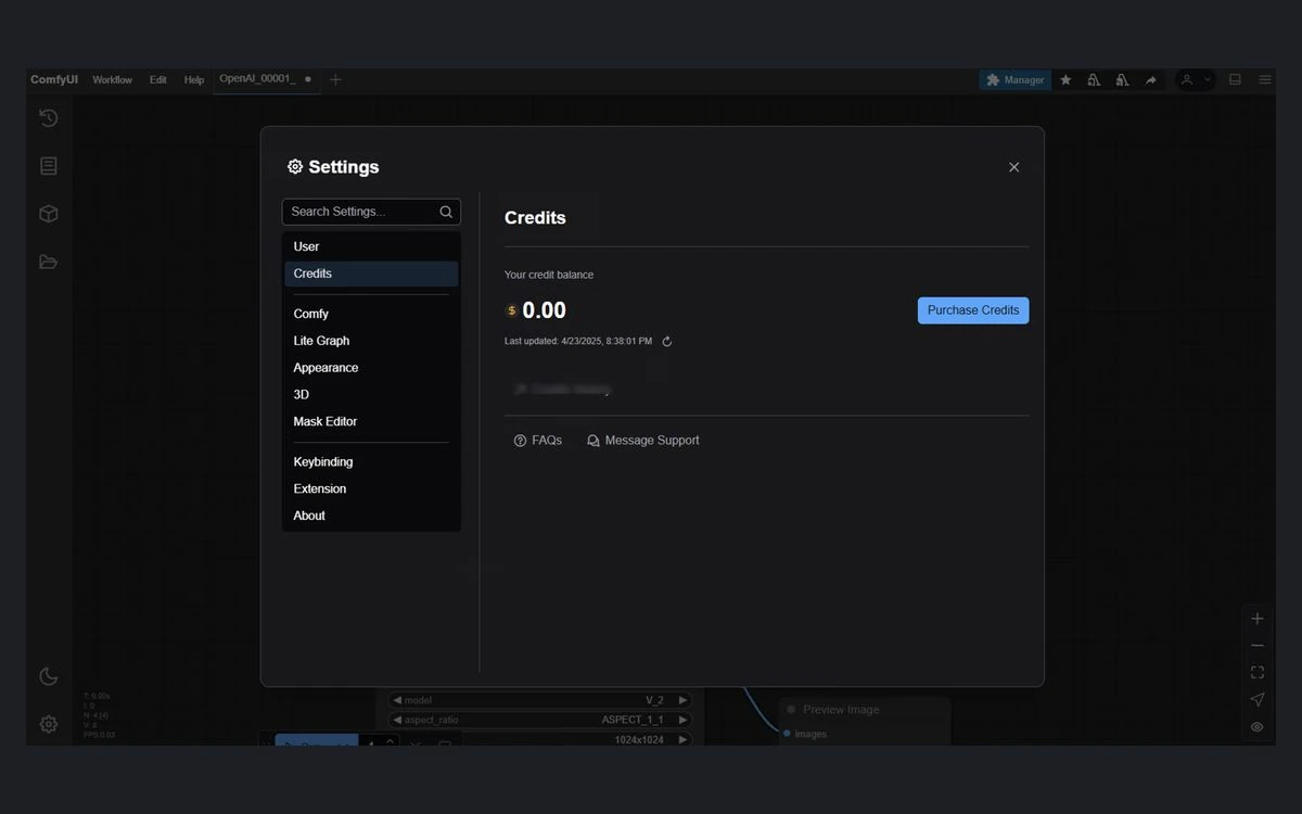 Credits panel in ComfyUI settings showing the credit balance and the option to add credits