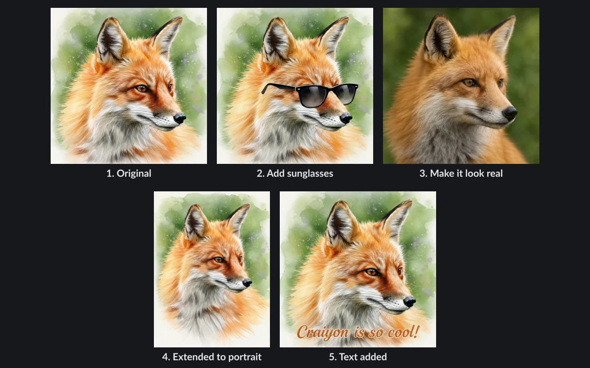 Craiyon retouch sequence showing a fox image edited step by step: sunglasses added, made realistic, extended to portrait and captioned