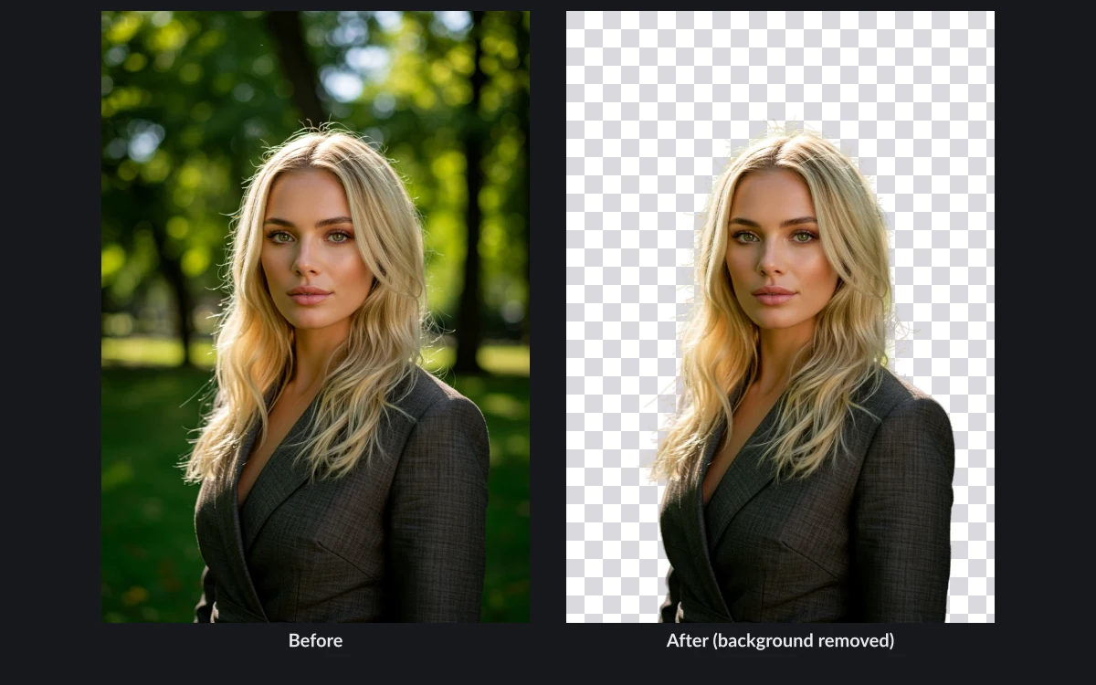 Craiyon background remover before and after: a portrait of a woman with flowing hair, then the same image with the background removed