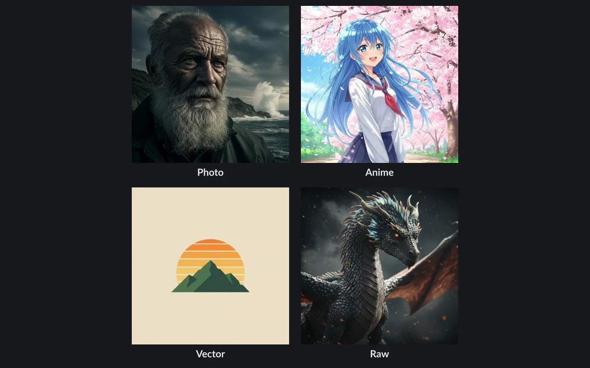 Four Craiyon example images in Photo, Anime, Vector and Raw styles arranged in a grid