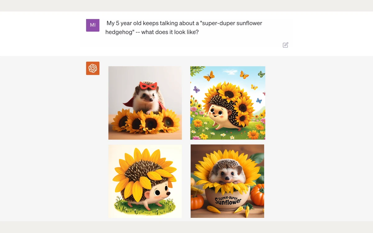 ChatGPT conversation asking what a super-duper sunflower hedgehog looks like, answered with four DALL-E 3 hedgehog images