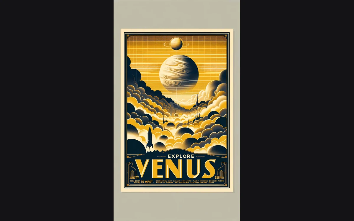 Art Deco travel poster in gold and black reading Explore Venus, generated by DALL-E 3