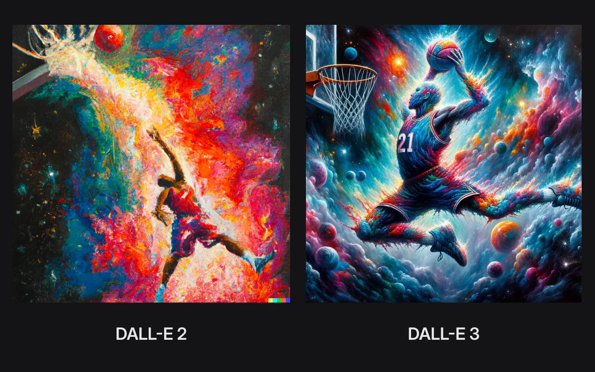 Side by side oil paintings of a basketball player dunking as a nebula explosion, DALL-E 2 on the left and DALL-E 3 on the right