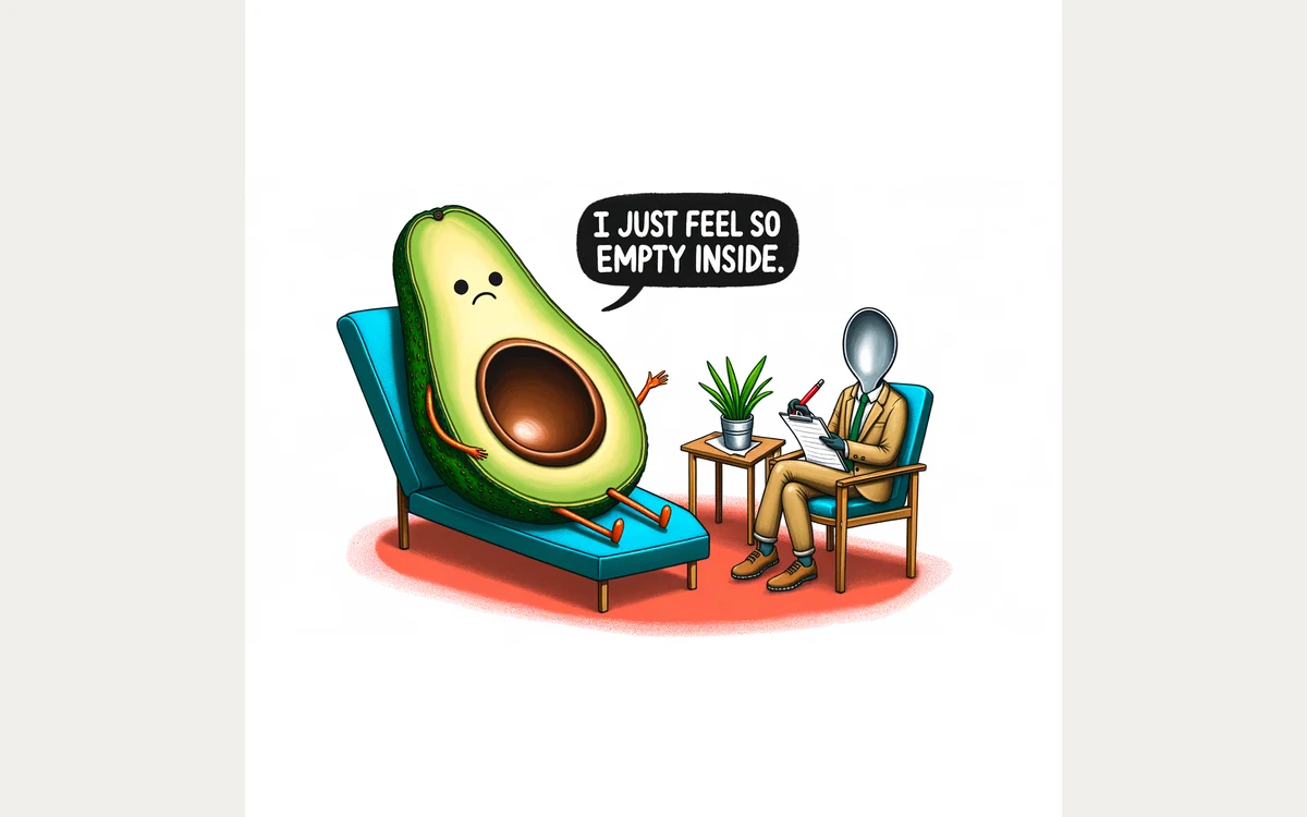DALL-E 3 cartoon of a hollow avocado on a therapist's couch saying I just feel so empty inside, with a spoon-headed therapist taking notes