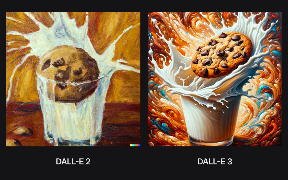 Two paintings of a chocolate chip cookie splashing into milk, a muddy DALL-E 2 version beside a crisp DALL-E 3 version