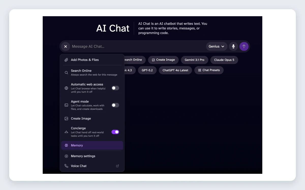 DeepAI AI Chat tools menu listing Add Photos and Files, Search Online, Automatic web access, Agent mode, Create Image, Concierge, Memory and Voice Chat