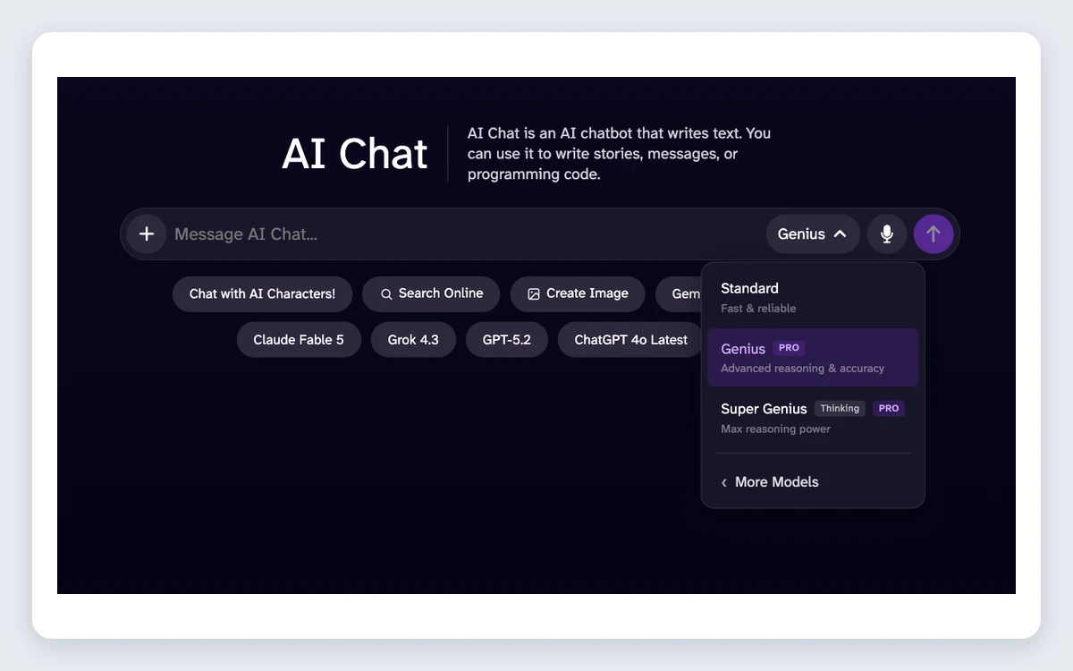 DeepAI chat mode picker showing Standard (fast and reliable), Genius PRO (advanced reasoning and accuracy) and Super Genius Thinking PRO (max reasoning power)