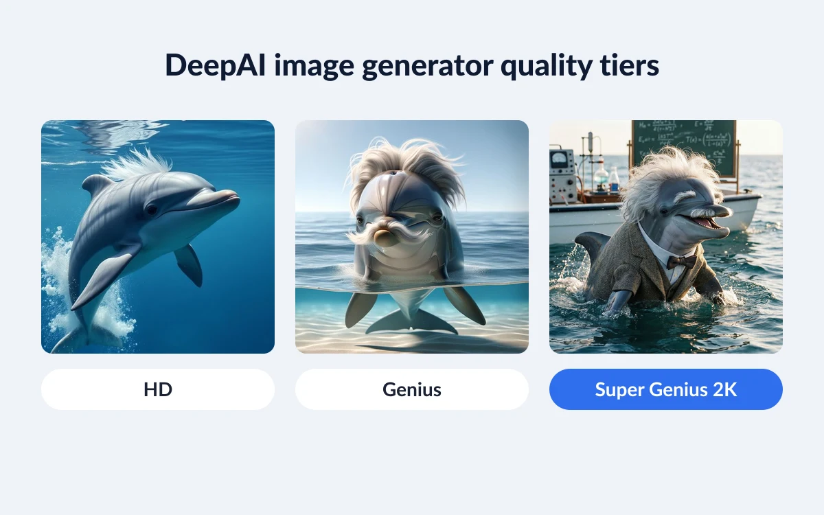 Three DeepAI sample images side by side, labelled HD, Genius and Super Genius, showing increasing detail