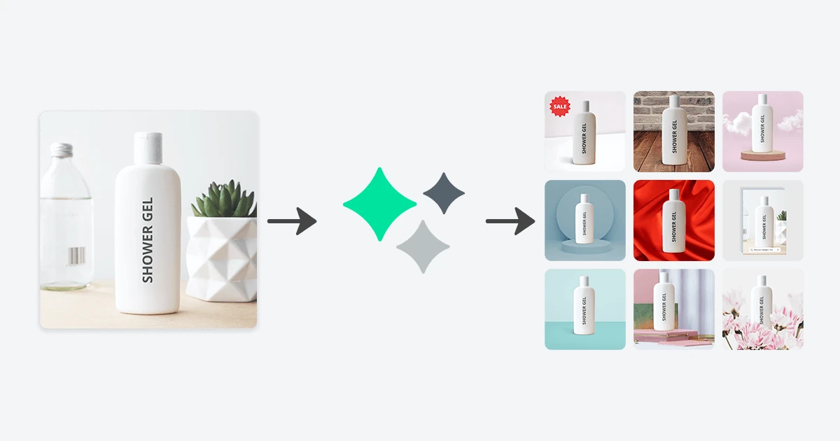 Designify turning a shower gel product photo into a grid of AI-generated product designs