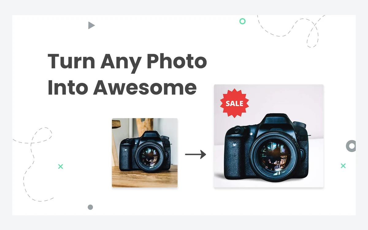 Designify promo reading Turn Any Photo Into Awesome, with a camera on a wooden table turned into a clean product shot with a SALE badge