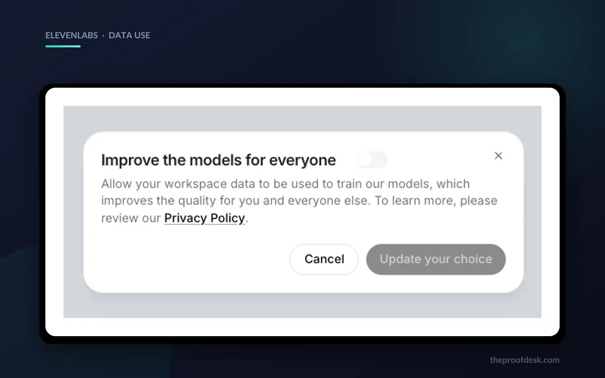 The ElevenLabs data use dialog with the Improve the models for everyone toggle switched off