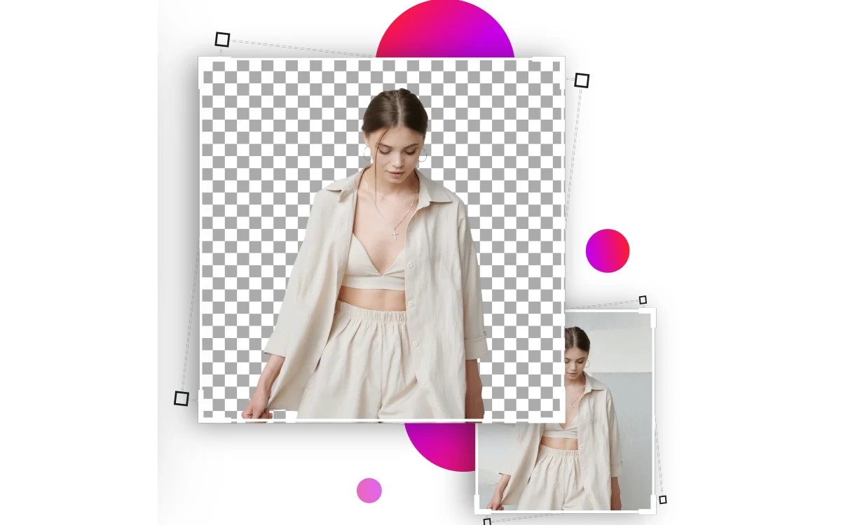 Woman in a cream linen outfit cut out on a transparent checkerboard, with the original photo inset at the bottom right