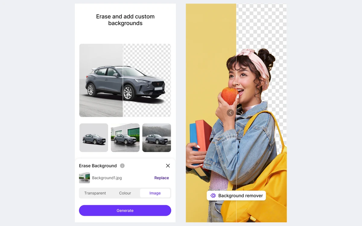 Two Erase.bg app screens: a grey SUV with Transparent, Colour and Image background options and a Generate button, and a before and after slider on a woman holding an apple
