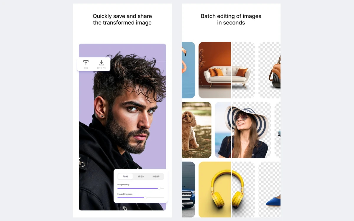 Two Erase.bg app screens: an export panel with PNG, JPEG and WEBP buttons plus quality and dimension sliders, and a grid of batch-edited cutouts