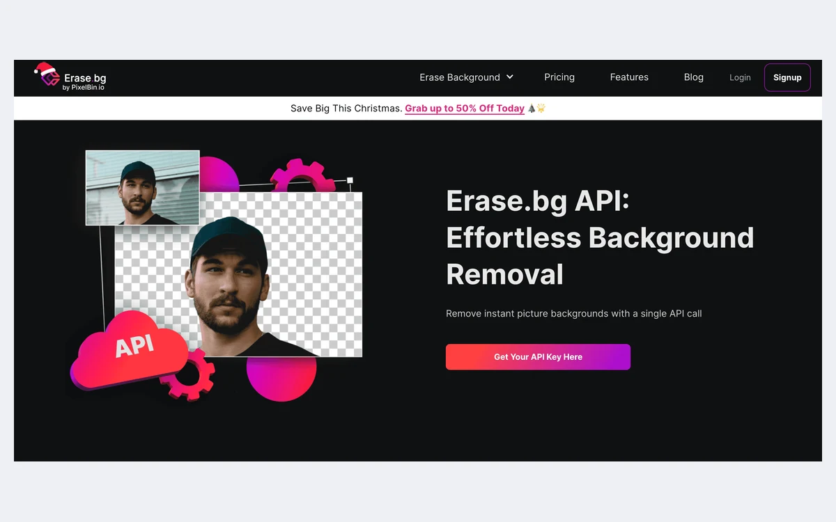 Erase.bg API landing page reading Erase.bg API: Effortless Background Removal, with a Get Your API Key Here button and a Christmas discount banner