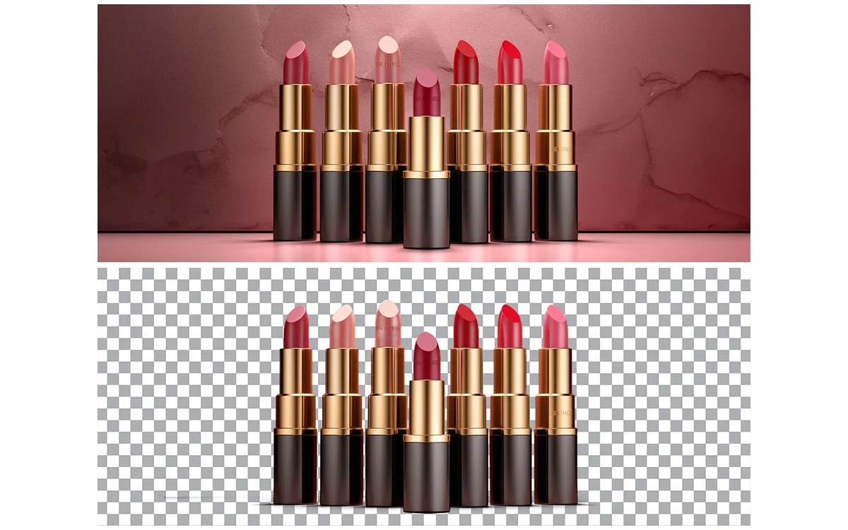 Seven lipsticks on a pink marble backdrop above, and the same lipsticks cut out on a transparent checkerboard below