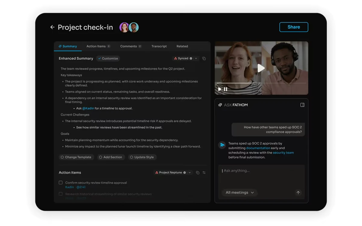 Fathom product interface showing a recorded call with its AI notes