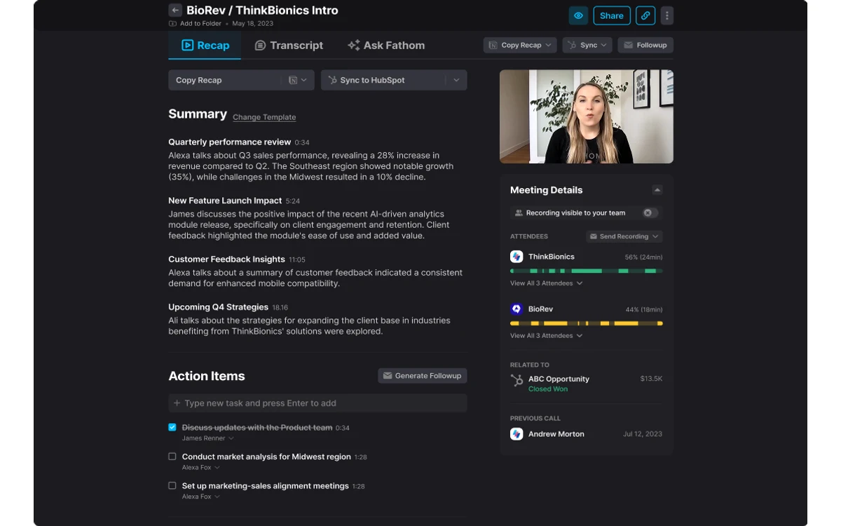 Fathom overview dashboard summarizing recorded meetings
