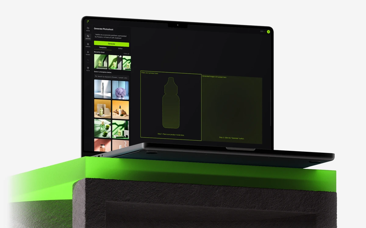 Flair Generate Photoshoot canvas on a laptop with a template panel and a prompt to place your product inside the frame