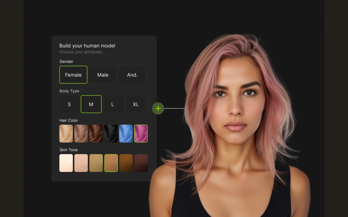 Flair Human Builder panel with gender, body type, hair color and skin tone pickers next to a generated pink-haired model