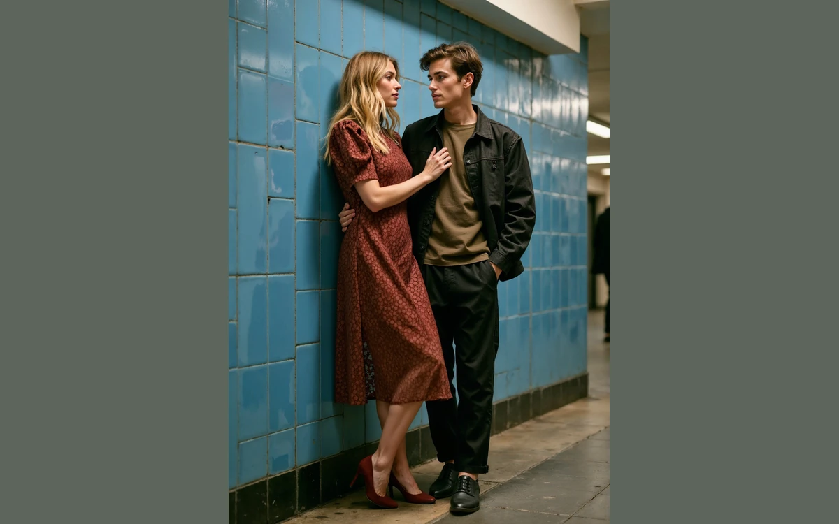 Flair fashion sample showing a couple in a red dress and dark jacket against a blue tiled wall