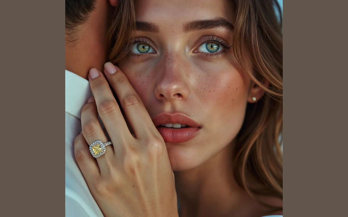 Flair jewellery sample showing a close-up of a woman with her hand at her face, wearing a yellow cushion-cut halo ring