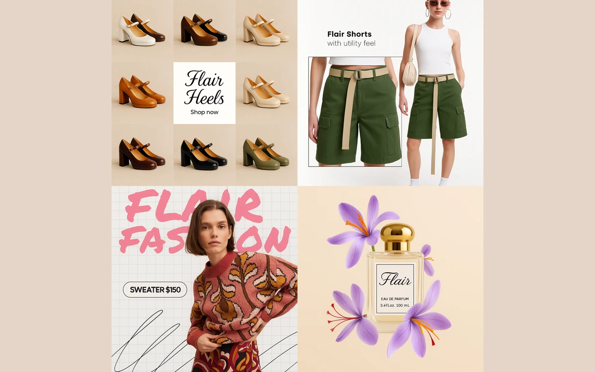 Flair ad generation collage with mock ads for heels, shorts, a sweater and a perfume bottle
