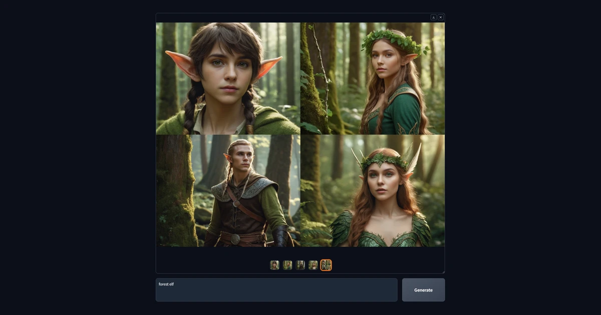 Fooocus image generator interface showing a grid of AI-generated forest elf portraits